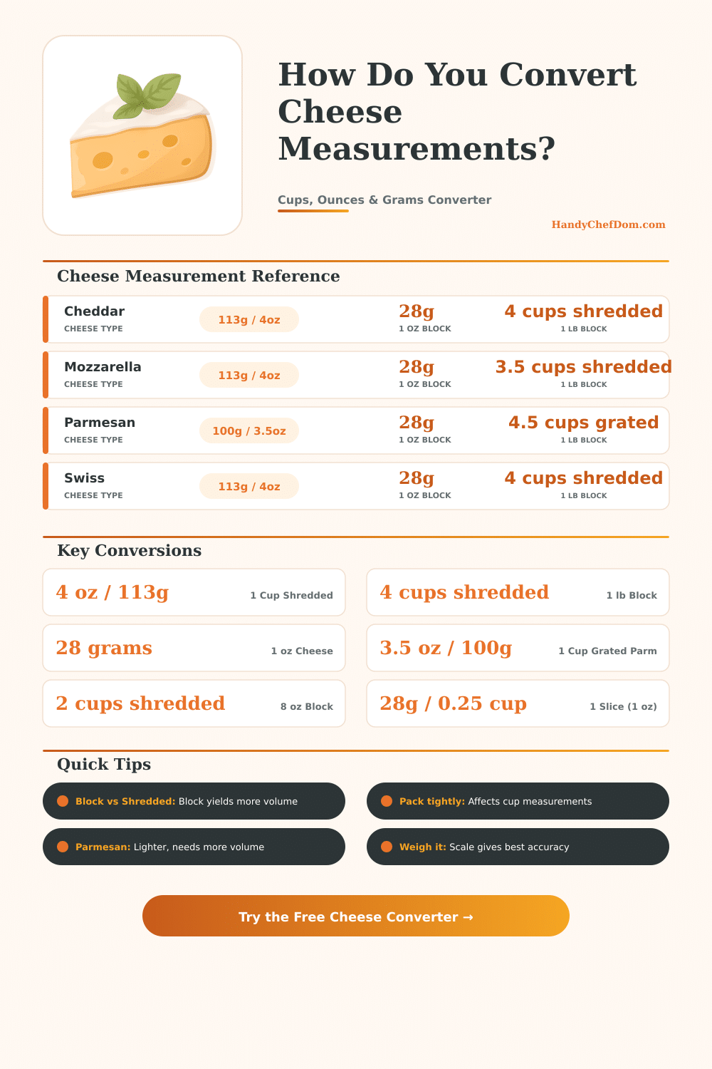 Cheese Converter: Cups, Ounces & Grams Calculator