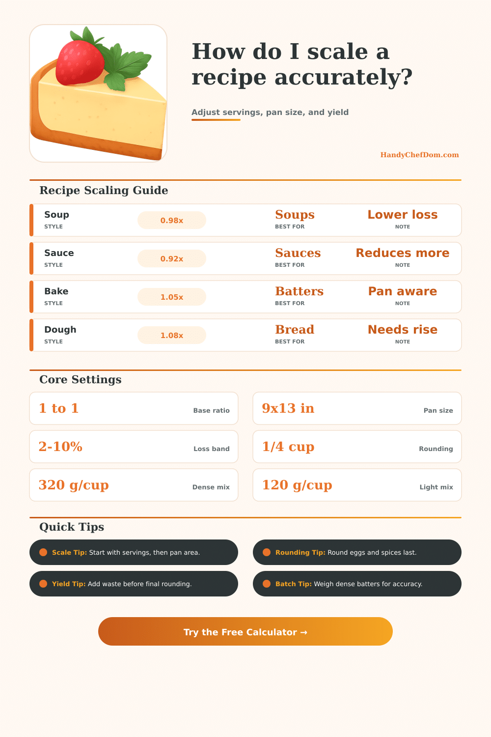 Recipe Scaling Calculator for Servings and Pan Sizes