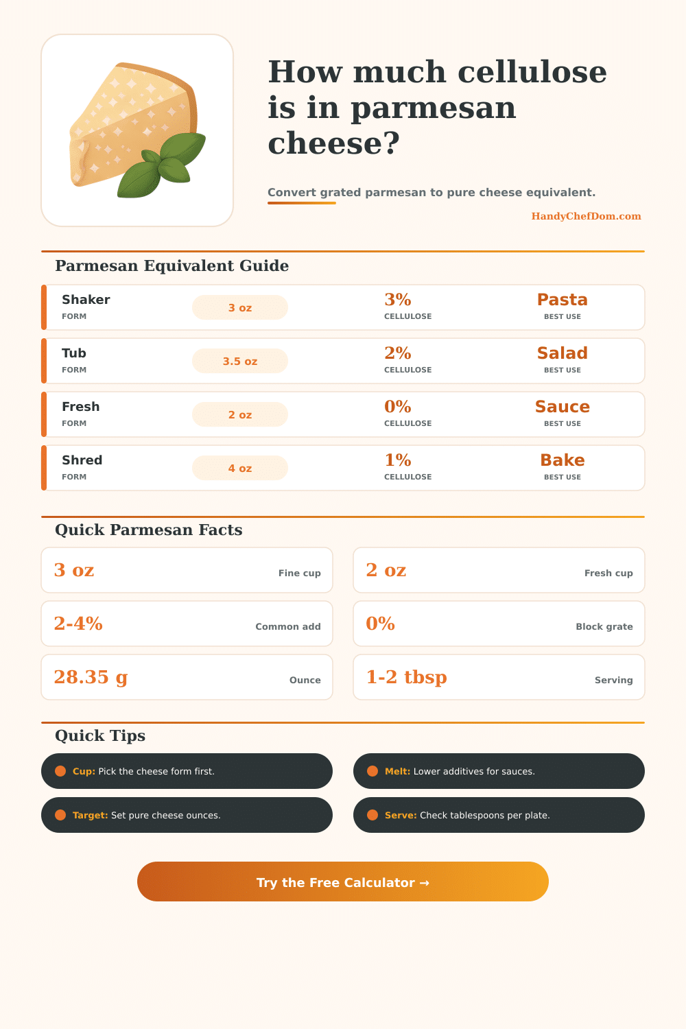 Cellulose in Parmesan Cheese Calculator | HandyChefDom