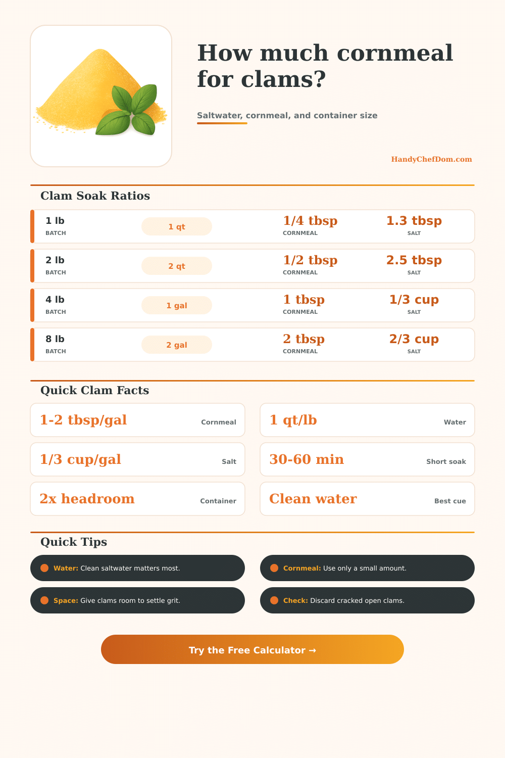Cornmeal to Clean Clams Calculator
