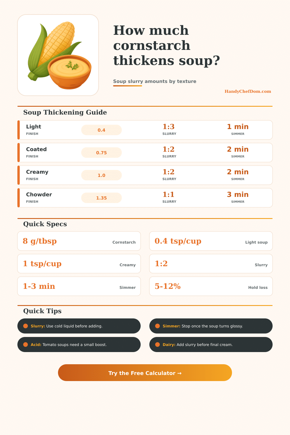Cornstarch to Thicken Soup Calculator
