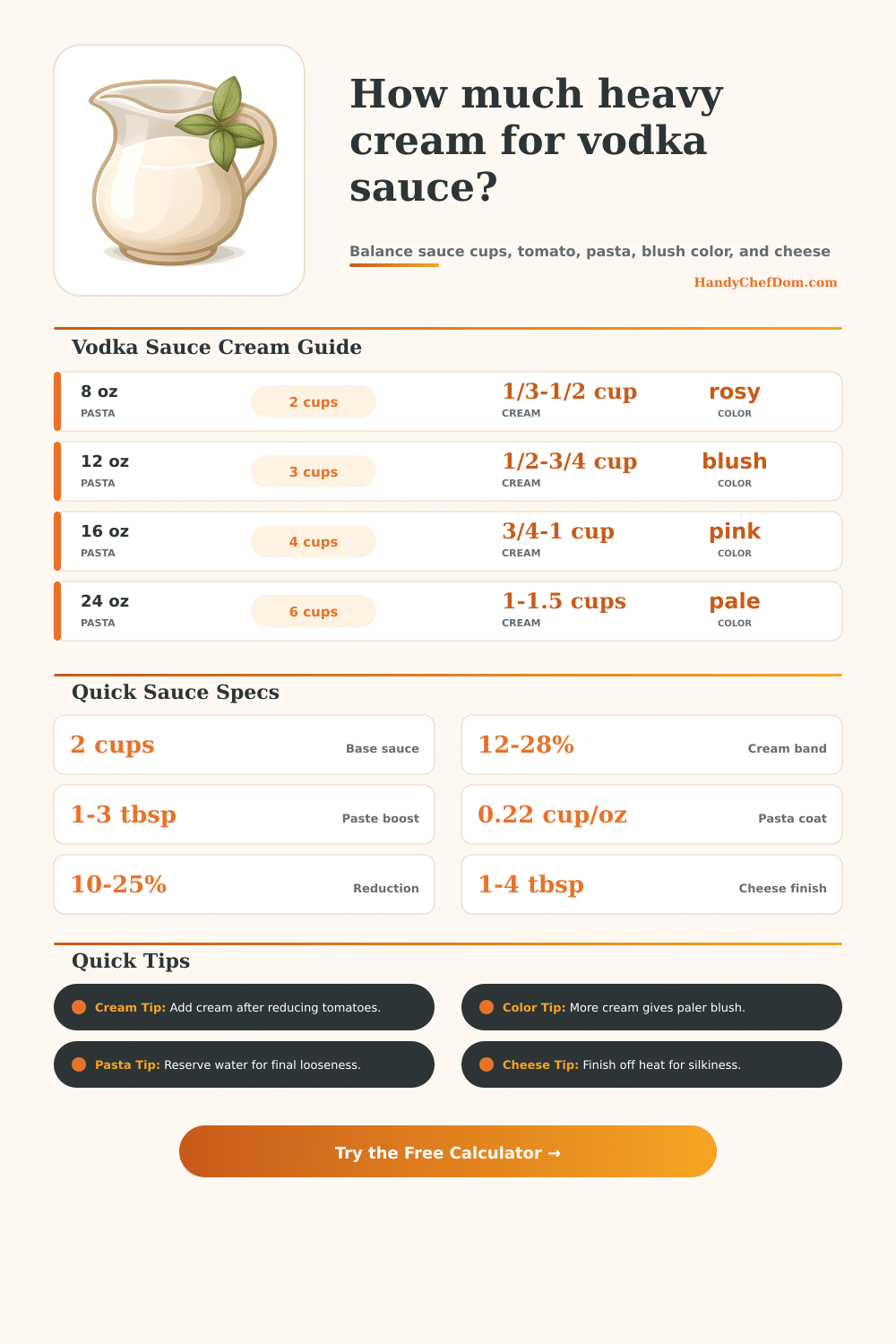 Heavy Cream for Vodka Sauce Calculator