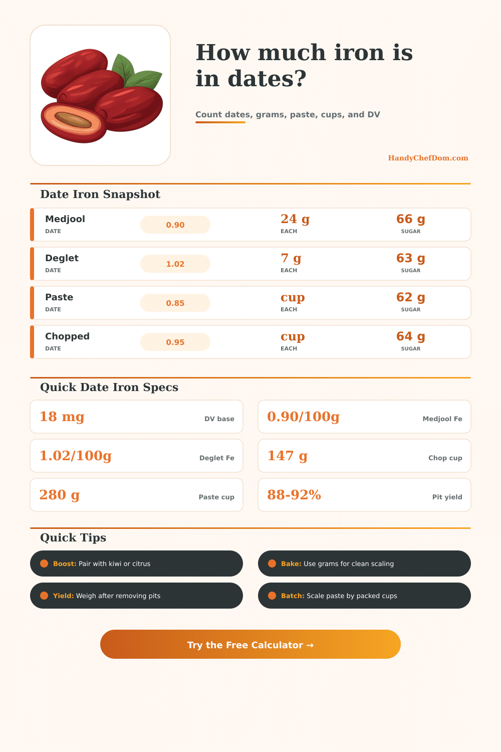 Dates Iron Calculator for Servings and Baking