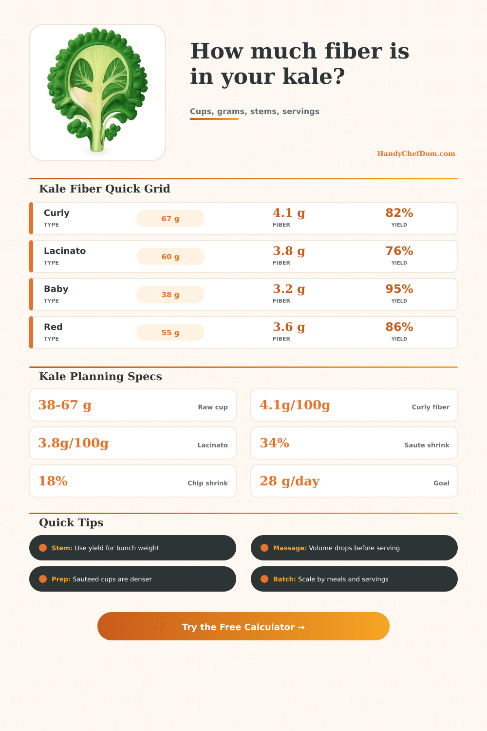 Kale Fiber Calculator for Cups, Grams, and Servings